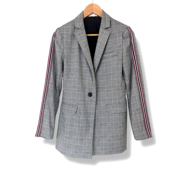 Black White Houndstooth Print Blazer Jacket Striped Sleeves Size Small Red‎ - Picture 1 of 9
